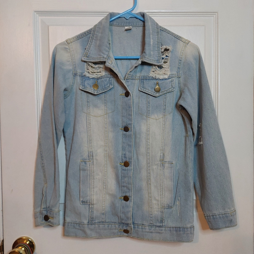 Light Acid Wash Distressed Blue Denim Jean Jacket Punk Grunge Moto Edgy Size M